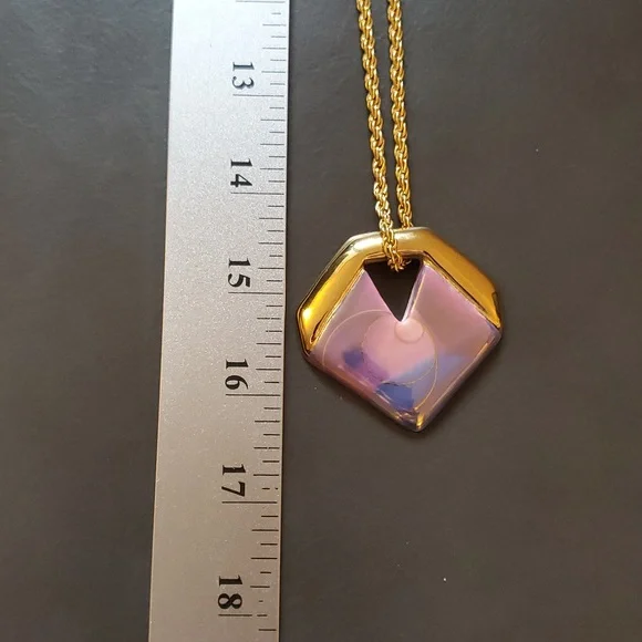 Vintage Gold Purple Blue Hand Painted Artist Signed Geometric Pendant Necklace - Picture 10 of 12